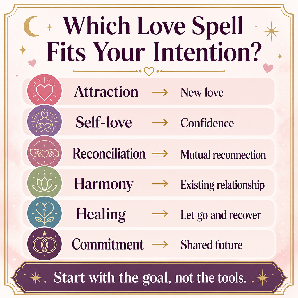 Infographic matching love spell types to relationship intentions