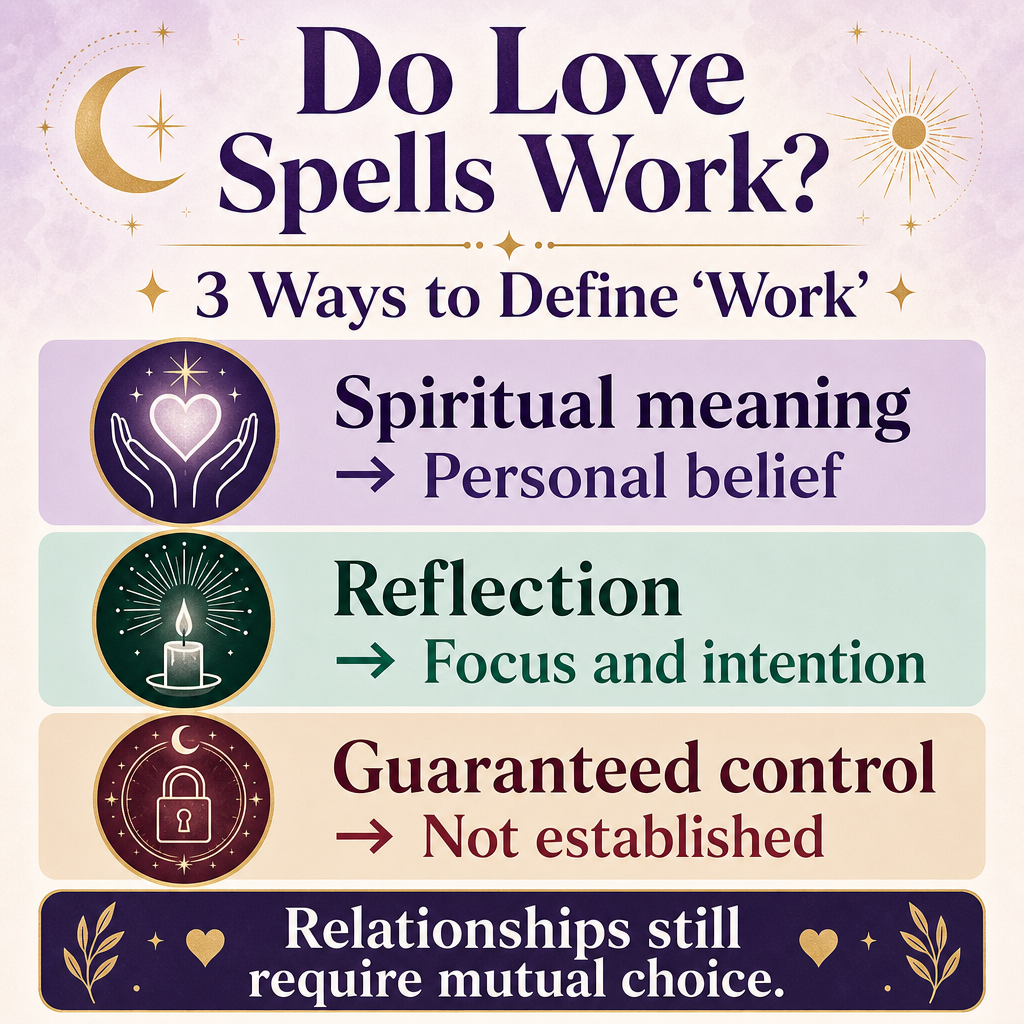 Infographic showing three ways people define whether a love spell works