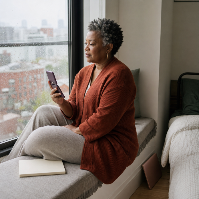 Woman evaluating relationship changes with a flip phone and journal