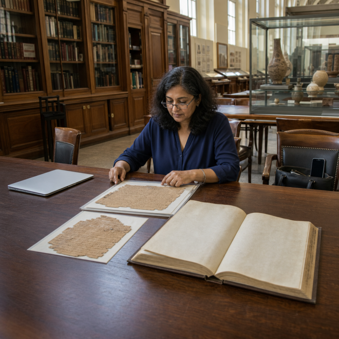 South Asian woman studying historical love-magic sources in an archive reading room