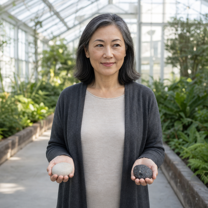 Woman reflecting on love spell myths and facts in a botanical conservatory