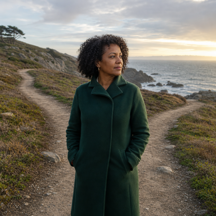 Woman reflecting on an unexpected relationship outcome on a coastal path