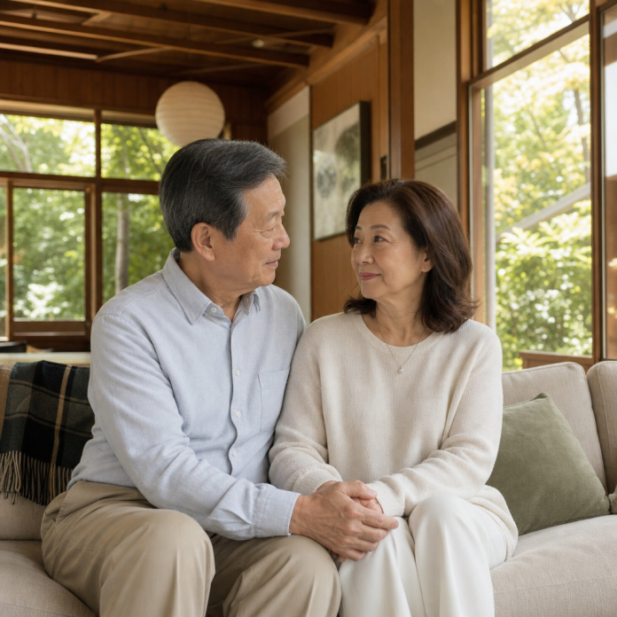 Mature couple reconnecting in a quiet sunroom