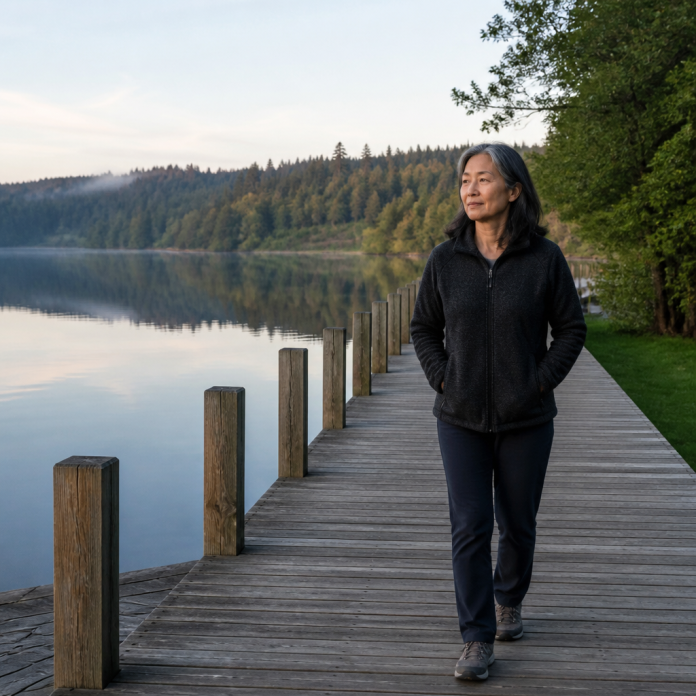 How Often to Perform a Love Spell — Featured Image Woman walking along a lakeside boardwalk with evenly spaced posts