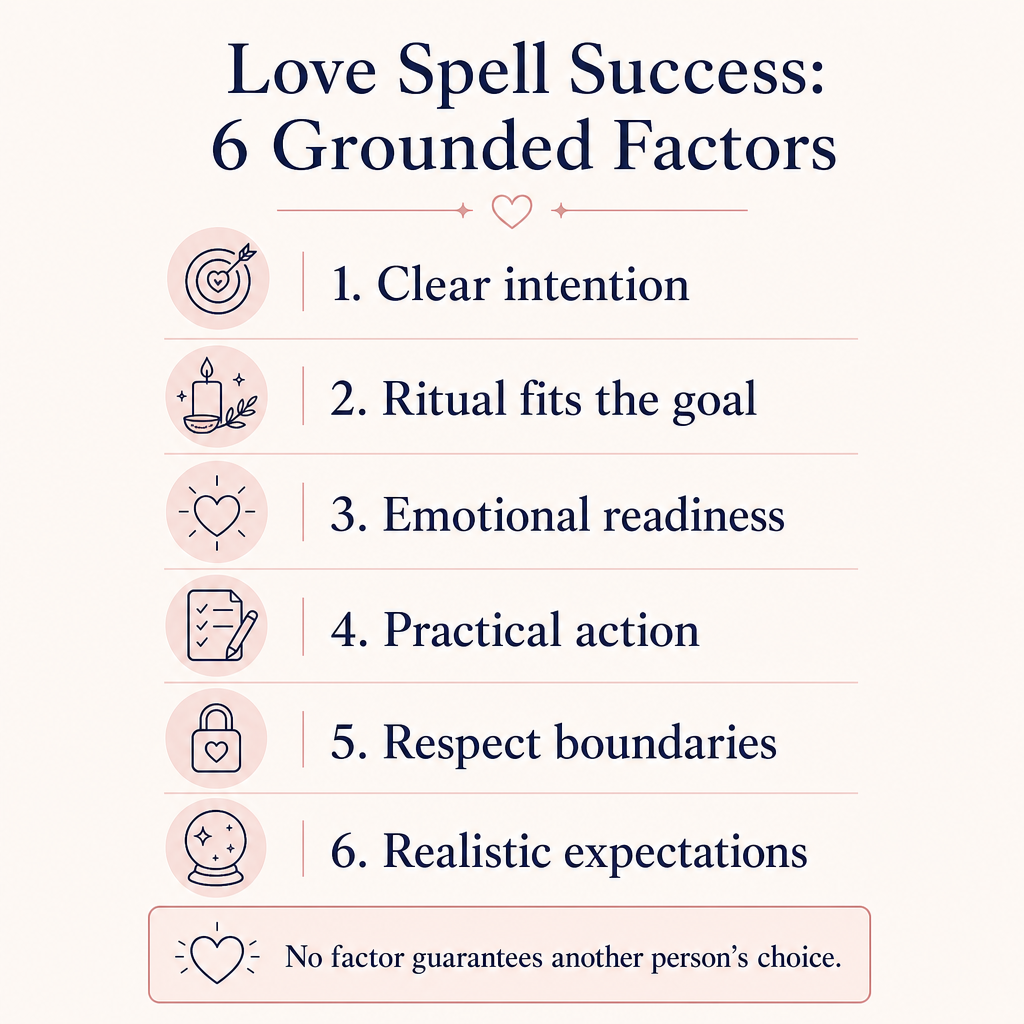 Love Spell Success: 6 Grounded Factors infographic