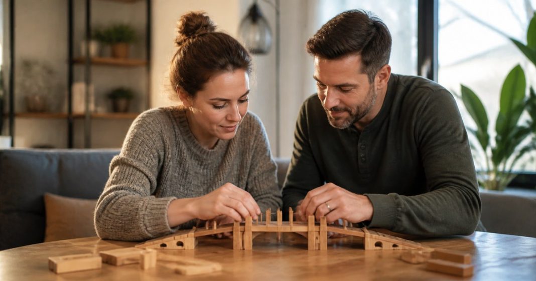 The Art of a Loving Relationship Adult couple building a bridge-shaped puzzle together at a table